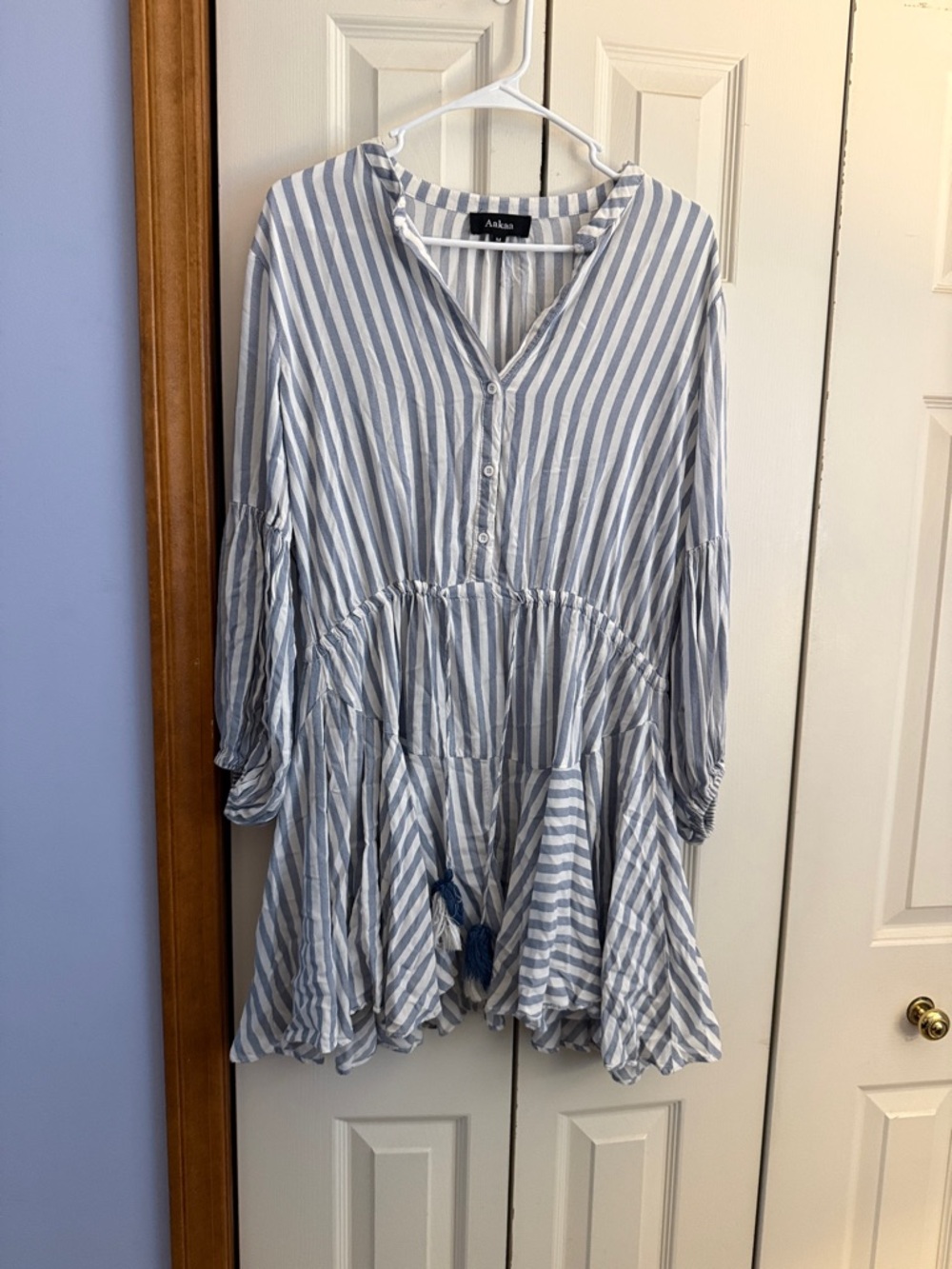 AKIRA Light Blue & White Striped Tiered Button Tunic